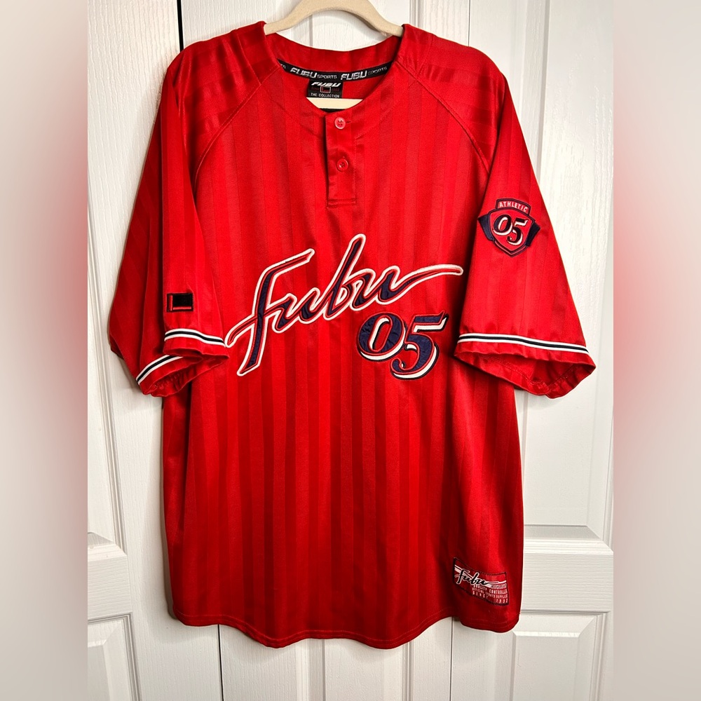 Vintage FUBU 05 Red Pinstriped Jersey Mens XL Sport Collection Streetwear Y2K